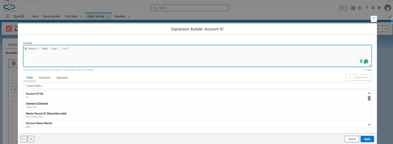 iSyncSF expression builder formula editor with IF and CASE functions for Salesforce field transformation
